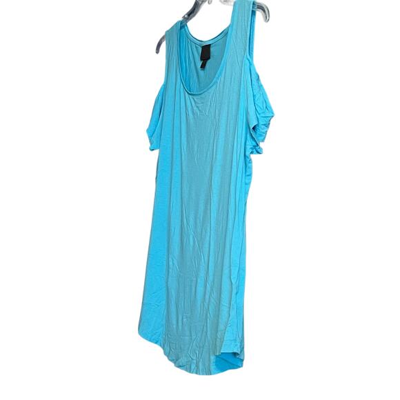 JM COLLECTION CAP SLEEVE COLD SHOULDER TOP, WOMENS, XL, LIGHT BLUE-ROUND HEMLINE - Picture 3 of 11